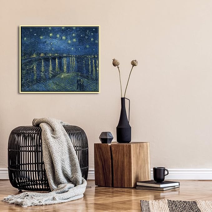 Wieco Art Gold Framed Art Starry Night Over The Rhone Canvas Prints Wall Art by Van Gogh Paintings Reproduction Canvas Prints Abstract Artwork for Living Room Wall Decor