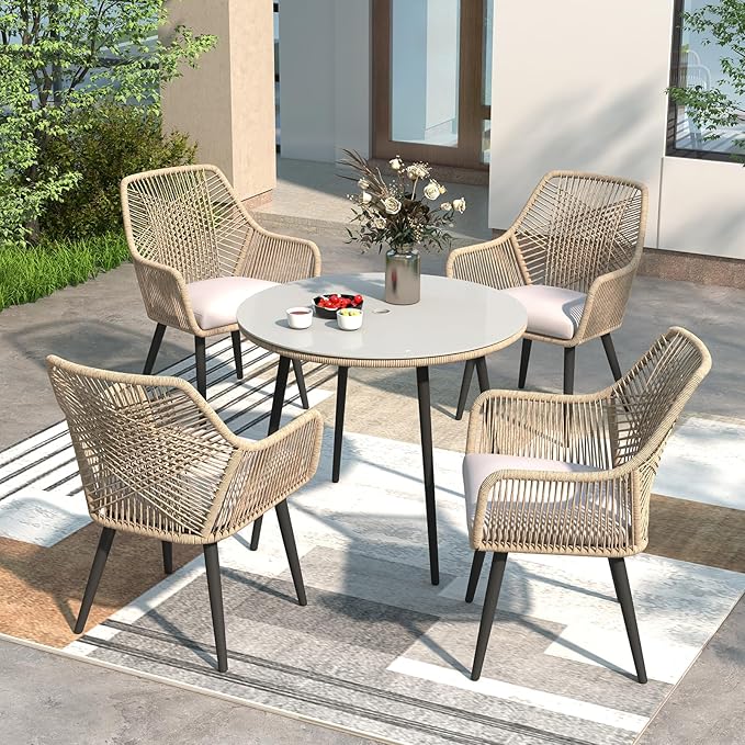 JOIVI 5 Pieces Outdoor Patio Dining Sets, Rattan Dining Chairs Set of 4 with Cushions, Outdoor Round Table with Tempered Glass Tabletop & 2.16”Umbrella Hole, Tan