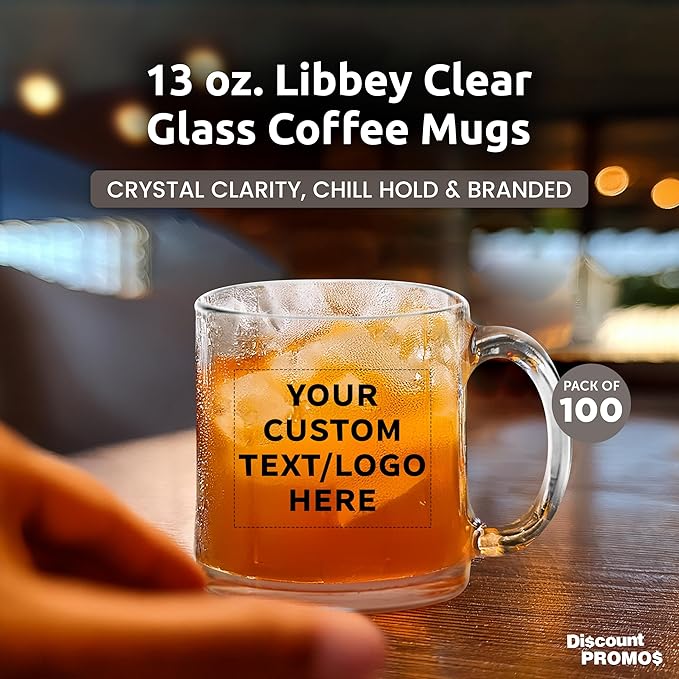 Custom Libbey Clear Glass Coffee Mugs 13 oz. Set of 100, Personalized Bulk Pack - Perfect for Coffee, Tea, Espresso, Hot Cocoa, Other Beverages - Clear Bottom