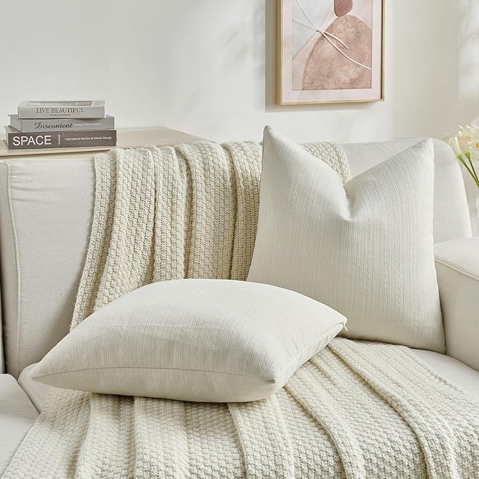 FUTEI Cream Decorative Throw Pillow Covers 24x24 Inch Set of 2,Soft Cozy Wheat Ear Striped Patterns European Cushion Cases,Modern Home Decor for Couch Bed Living Room