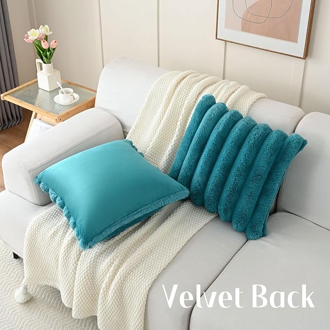 FUTEI Teal Decorative Throw Pillow Covers 20x20 Inch Set of 2, Square Soft Faux Rabbit Fur Thick Striped Cushion Cover,Winter Home Decor for Couch Bed Living Room