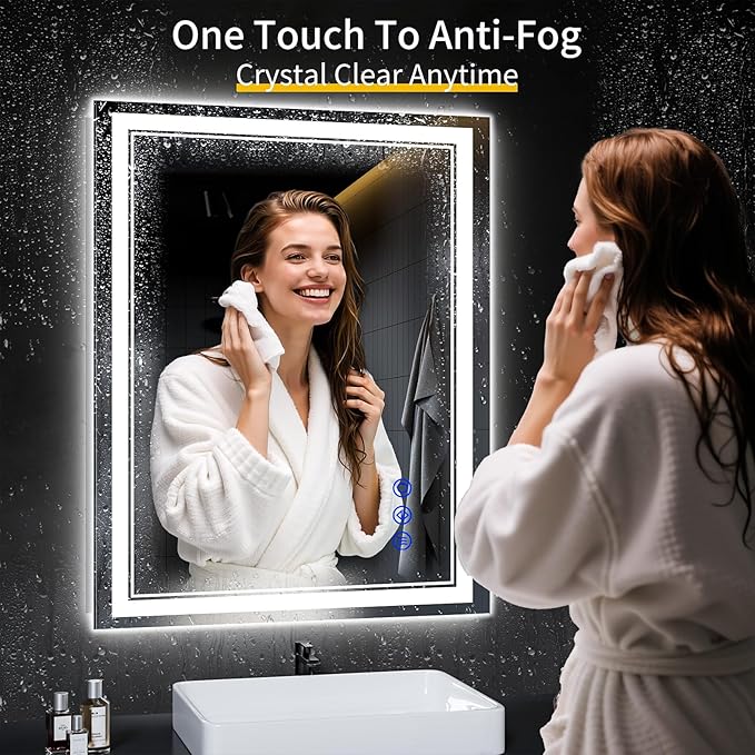 38"x30" LED Bathroom Mirror with Anti-Fog, Stepless Dimmable Lights, 3 Color Modes, Shatter-Proof Tempered Glass, Memory Function & Waterproof Design
