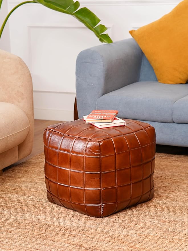 Handmade Eco-Friendly Geometric Leather Pouf Brown Color Square 18" x 18" x 18" Leather Pouf for Living Room, Bedroom Seating, Patio