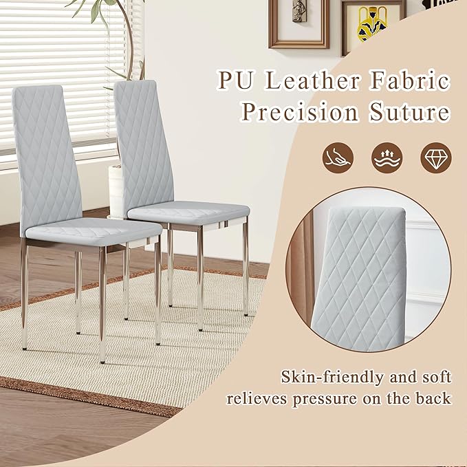 JT Modern Minimalist Dining Chair Fireproof Leather Sprayed Metal Pipe Diamond Grid Pattern Restaurant Home Conference Chair Set of 4 Or 6 (4, Gray Brown)