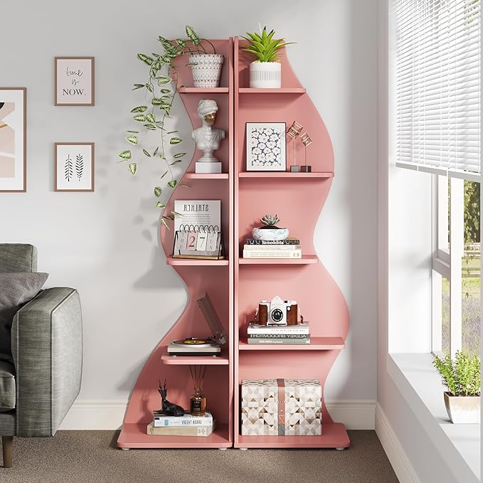 Tribesigns Corner Shelf, Modern 5-Tier Wall Corner Bookshelf, Stylish Corner Small Bookcase Storage Rack Plant Stand with Unique Shape for Living Room, Home Office (Pink, 1PC)