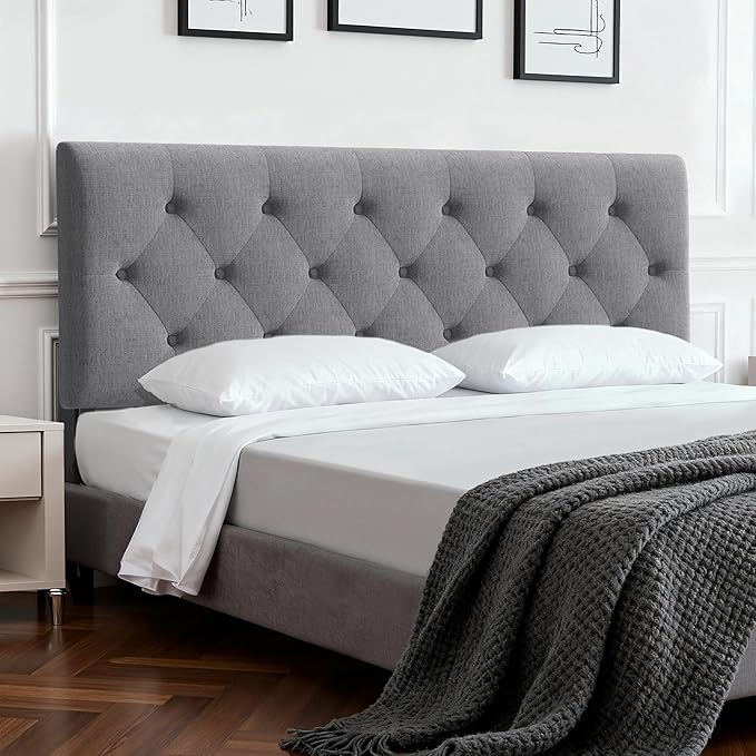 Tufted Upholstered Headboard Queen Size, Solid Wood Head Board with Durable Metal Legs, Linen Fabric Padded Headboard, Adjustable Height from 37” to 51”, Modern Button Design Head Board, Grey