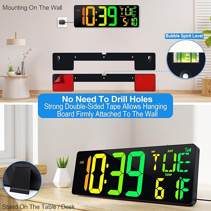 CYMHCHL Large Digital Wall Clock 17.2" Bluetooth Auto Time Sync Led Digital Clock Large Display 11 RGB Colors Auto-Dimming/DST Big Timer with Remote Control for Living Room Classroom Decor Garage Gym