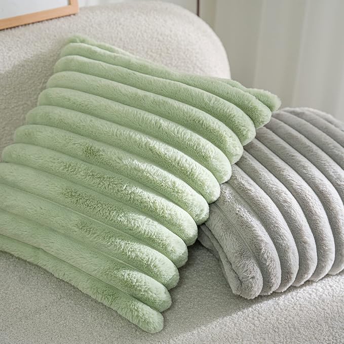 DEELAND Pack of 2,Double-Sided Faux Fur Plush Decorative Throw Pillow Covers Fuzzy Striped Soft Pillowcase Cushion Covers for Sofa Couch Bedroom Green 24x24 inch