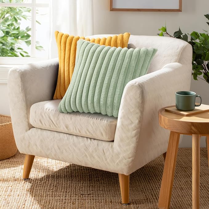 Pallene Faux Fur Plush Throw Pillow Covers 26x26 Set of 2, Luxury Soft Fluffy Striped Decorative Pillow Covers for Sofa, Couch, Living Room, Mustard Yellow