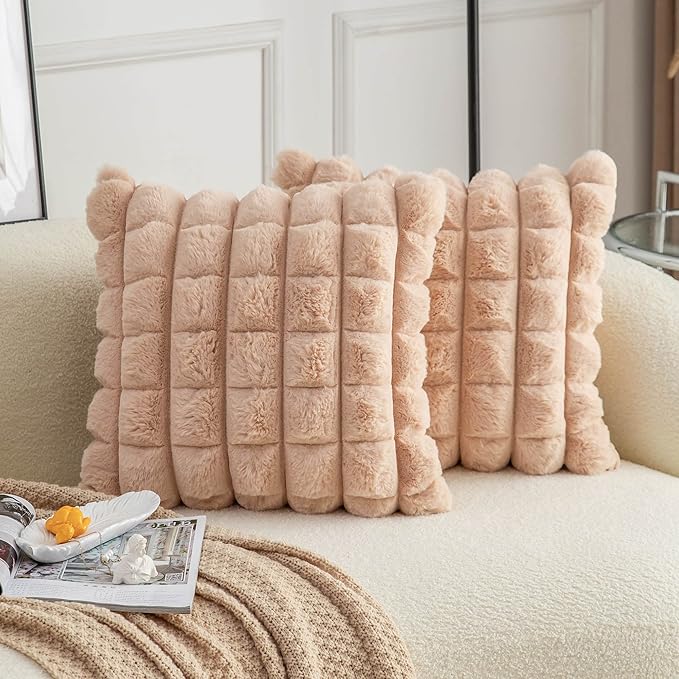 Neelvin Camel Faux Fur Cozy Soft Plaid Decorative Throw Pillow Covers 24x24 inch Set of 2,Velvet Pillowcase Cushion Case for Sofa Couch