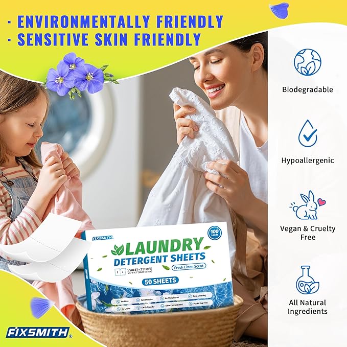 FIXSMITH Laundry Detergent Sheets - 100 Loads (50 Sheets) Fresh Linen Scent - Hypoallergenic, Laundry Detergent Strips Ultra-Concentrated Travel Detergent Sheets.Plastic-Free,Liquidless.