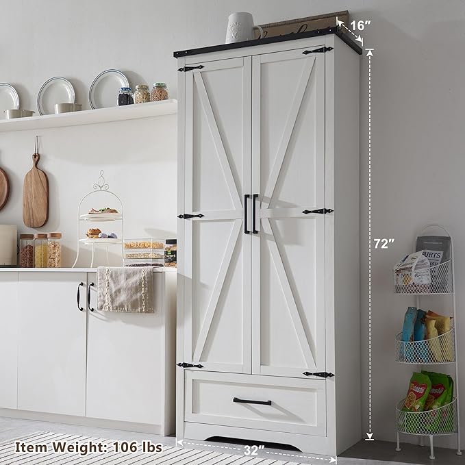 72" Tall Wood Storage Cabinet, Farmhouse Kitchen Pantry Cabinet with Adjustable Shelves & Drawer & Barn Doors, Versatile Storage for Kitchen, Dining Room, Bathroom, Antique White