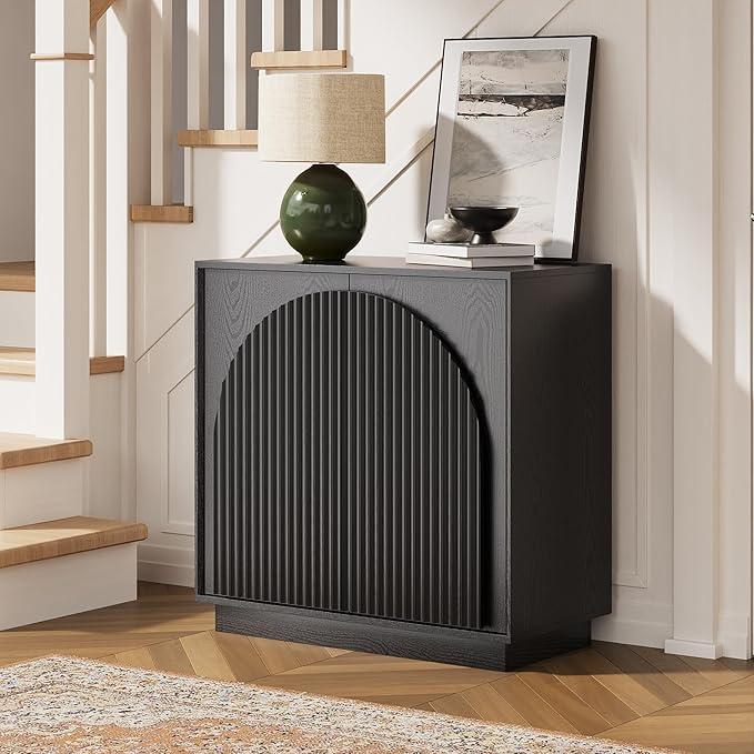 win2win Fluted Sideboard Buffet Cabinet with Storage, 31.5" Modern Accent Cabinet with Double-Layered Arch Doors, Small Wood Console Credenza for Living Room, Dining Room, Entryway, Hallway, Black