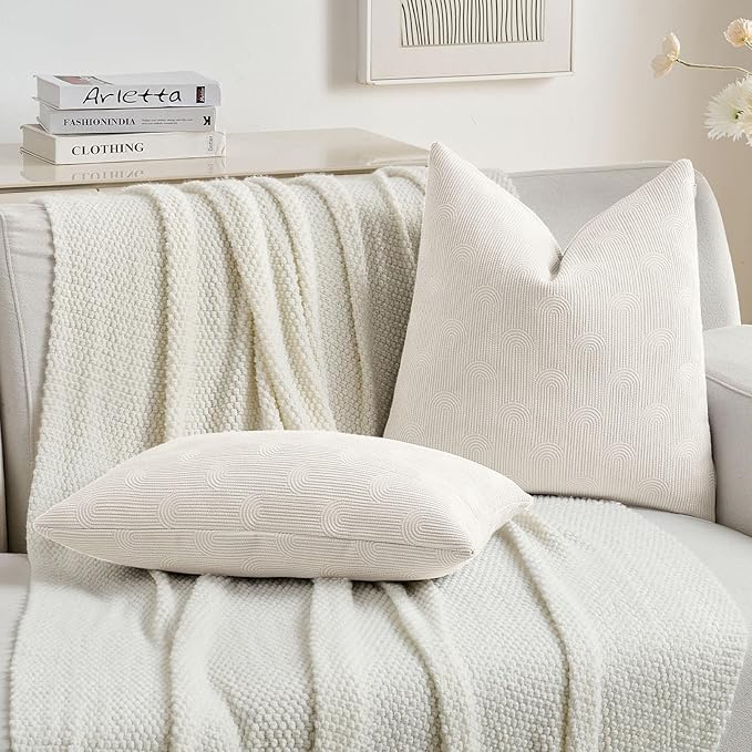 FUTEI Cream Chenille Decorative Throw Pillow Covers 22x22 Inch Set of 2,Soft Cozy Striped Geometric Patterns Cushion Cases,Modern Home Decor for Couch Bed Living Room