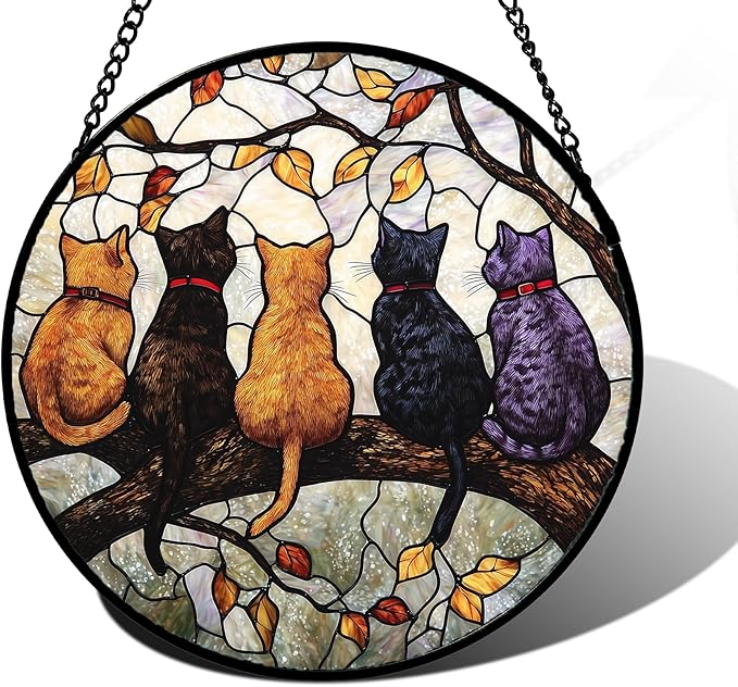 Stained Glass Window Hanging - 5 Cats on a Branch Suncatcher for Window Doors Home Decoration and Christmas, Mother's Day Father's Day Birthday Gifts for Women, Men, and Mom 11.8x11.8 in