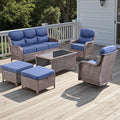 Rilyson Wicker Outdoor Patio Furniture Set - 6 Piece Patio Conversation Sets with Swivel Rocker Chairs, Ottomans, Sofa and Coffee Table, 6 inch Cushions, Deep Seating, for Porch Deck Brown/Blue