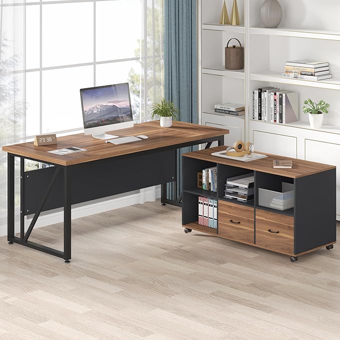 Tribesigns 63-Inch Executive Desk with 47-Inch Mobile File Cabinet, Large Home Office Desk with Drawers and Storage Shelves, L-Shaped Computer Desk Workstation Business Furniture, Walnut & Gray