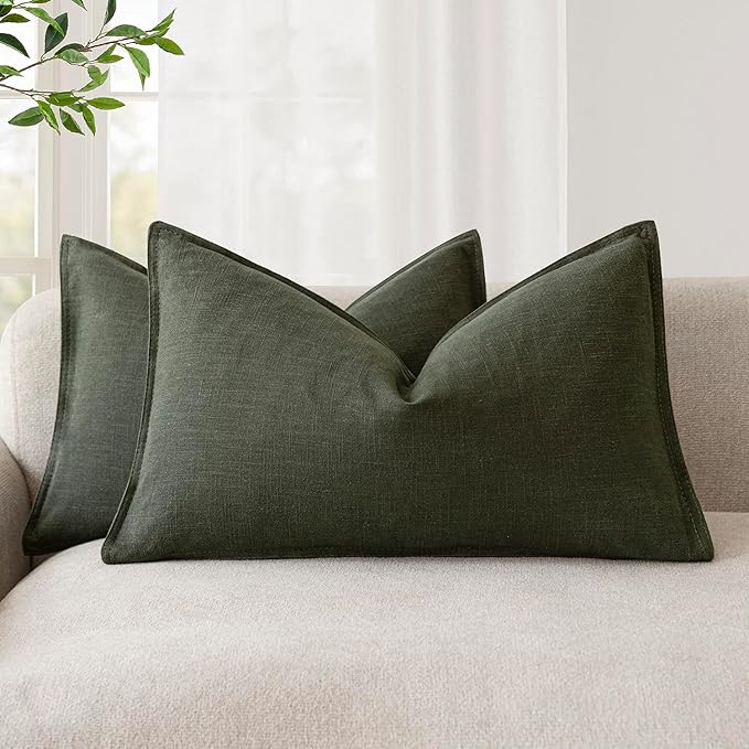 Foindtower Pack of 2, Decorative Linen Solid Throw Pillow Covers Accent Lumbar Cushion Case Boho Farmhouse Pillowcase for Chair Couch Sofa Bedroom Living Room Home Decor 12 x 20 Inch Dark Olive Green