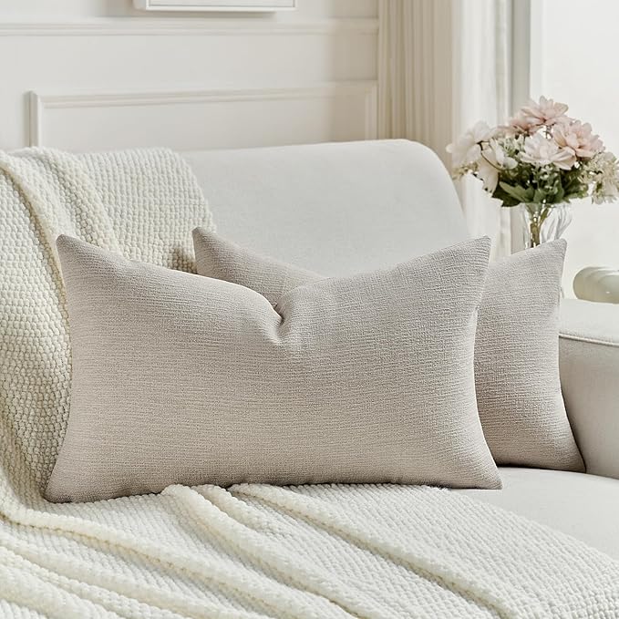 FUTEI Oatmeal Chenille Decorative Throw Pillow Covers 12x20 Inch Set of 2,Soft Cozy Faux Linen Textured Lumbar Pillow Cases,Farmhouse Home Decor for Couch Living Room