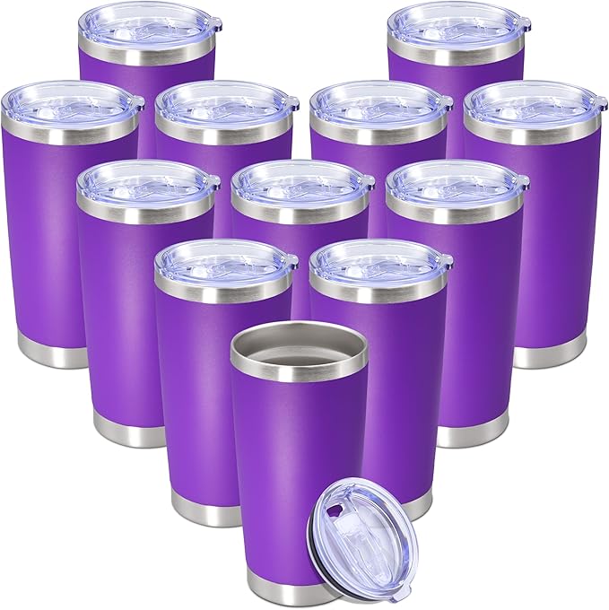 20 oz Tumbler with lid Double Wall Vacuum Insulated Tumblers Stainless Steel Coffee Mug Travel Coffee Tumbler Powder Coated Tumbler Cup Keep Hot&Cold - (PurPle 12 Pack)