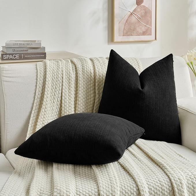 FUTEI Black Decorative Throw Pillow Covers 20x20 Inch Set of 2,Soft Cozy Wheat Ear Striped Patterns Cushion Cases,Modern Home Decor for Couch Bed Living Room