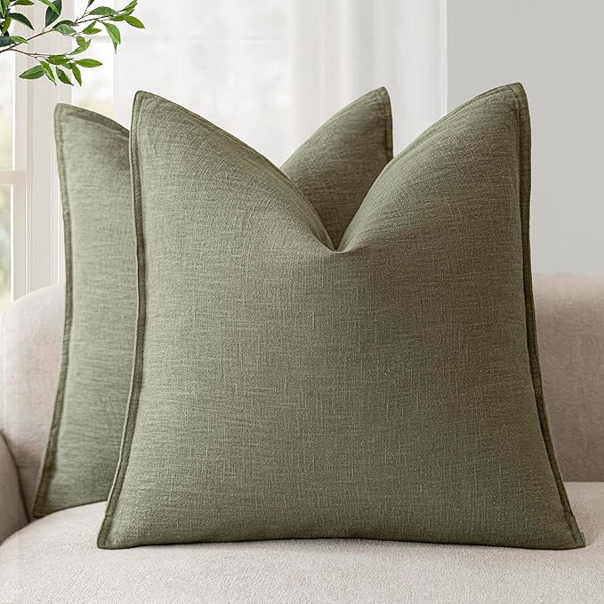 Foindtower Pack of 2, Decorative Linen Soild Throw Pillow Covers Soft Accent Cushion Case Farmhouse Neutral Pillowcase for Chair Couch Sofa Bedroom Living Room Home Decor 24x24 Inch Olive Branch Green