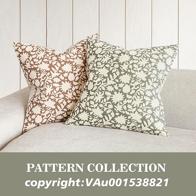 Foindtower Set of 2 Decorative Neutral Floral Throw Pillow Covers Accent Farmhouse Cushion Covers Boho Vintage Pillowcase for Couch Sofa Bedroom Living Room Home Decor,18×18 Inch,Sage Green