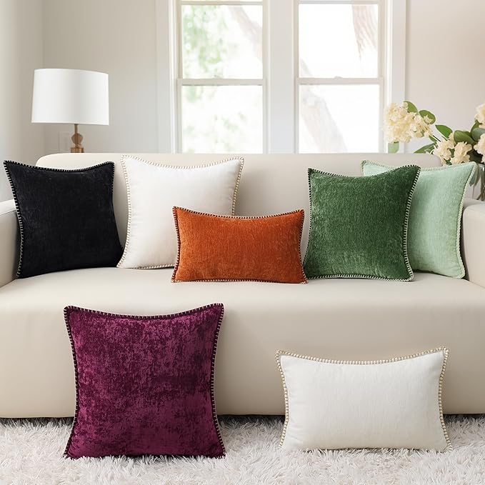 decorUhome Chenille Soft Throw Pillow Covers 12x20 Set of 2, Lumbar Velvet Farmhouse Neutral Decorative Euro Pillow Covers with Stitched Edge for Couch Sofa Bed Home Decor, Black