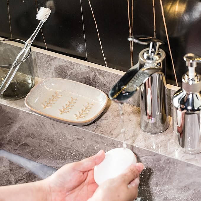 Ceramic Soap Dish Soap Holder, Soap Lift for Bar Soap Sponge, Shower Soap Dishes for Bathroom Kitchen Counter Soap Saver Tray Keep Dry, Dishwasher Safe