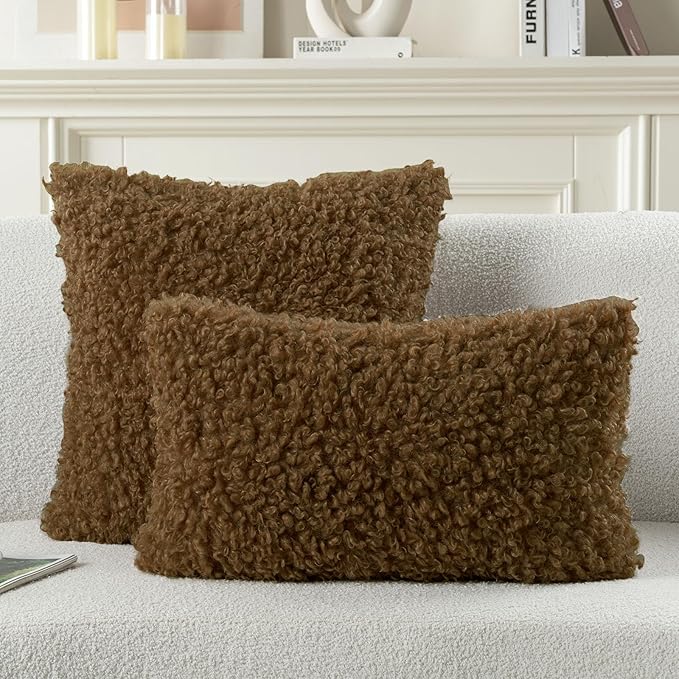 FUTEI Brown Decorative Throw Pillow Covers 18x18 Inch Set of 2,Soft Fluffy Faux Wool Fur Boucle Textured Cushion Case,Modern Home Decor for Couch Bed Living Room Office