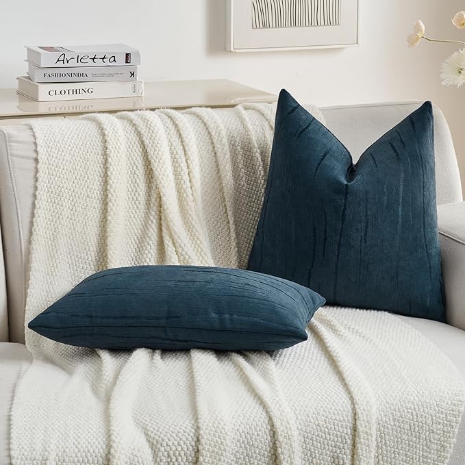 FUTEI Navy Blue Chenille Decorative Throw Pillow Covers 22x22 Inch Set of 2,Soft Embossed Striped Textured Cushion Case,Modern Home Decor for Couch Bed Living Room