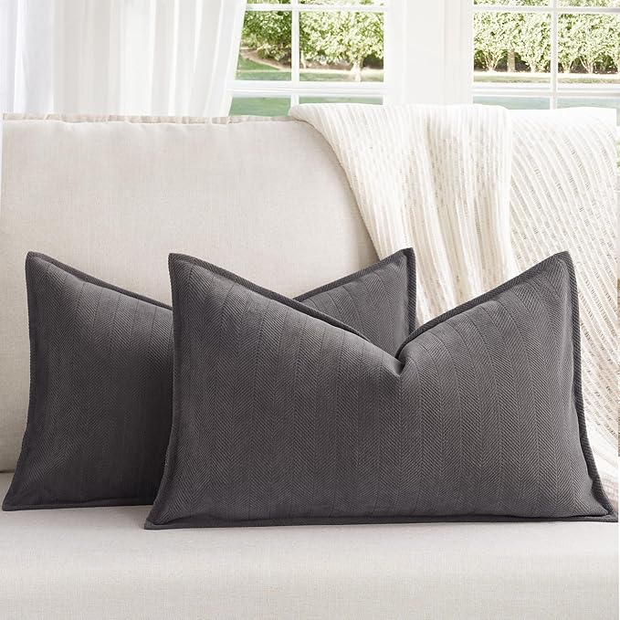 ZWJD Rustic Gray Pillow Covers 12x20 Set of 2 Chenille Throw Pillow Covers with Elegant Design Soft and Luxurious Decorative Throw Pillows for Couch, Bed, and Home Decor