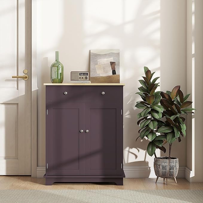 HOMCOM Sideboard with Solid Wood Countertop, Modern Kitchen Storage Cabinet, Coffee Bar Cabinet with 2 Drawers, Doors and Adjustable Shelf, Coffee