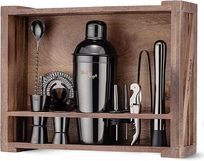 Mixology & Craft 11-Piece Cocktail Shaker Set, Bartender Kit with Stand, Stainless Steel Bar Tools, Dual Jiggers, Muddler & Pourers, Wood Display for Home Bar - Gift Ready (Gun-Metal Black)