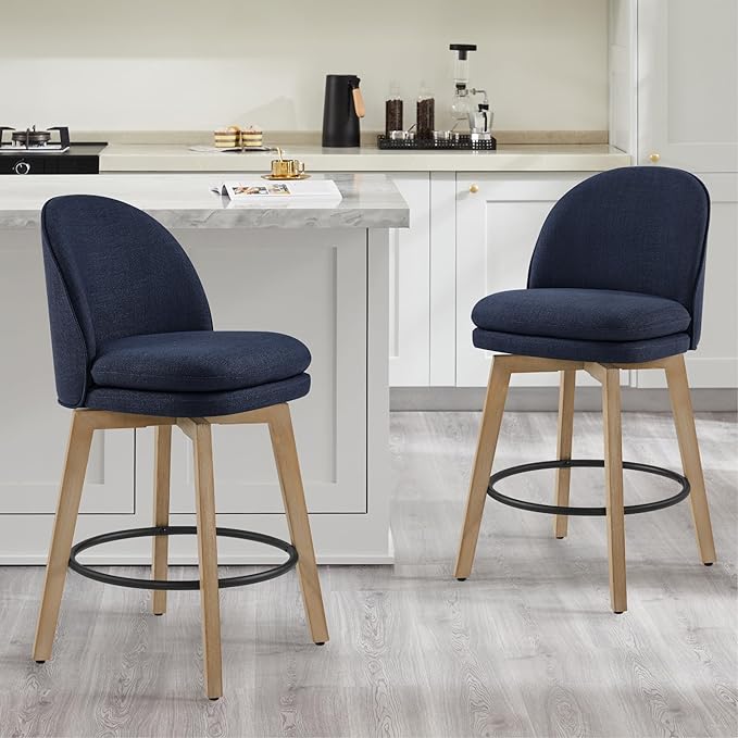 Counter Height Barstools 26 inch Upholstered Swivel Bar Stools with Back and Wood Legs for Kitchen Island,Set of 1,Blue Fabric-Armless