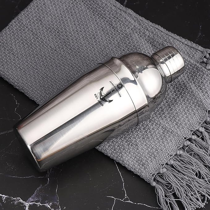 Personalized Cocktail Shaker Set 24oz - Custom Engraved Stainless Steel Martini & Drink Shaker with Built-in Strainer, Measurements & Spoon - Unique Bar Shaker & Mixology Kit for Bartenders (Anchor)