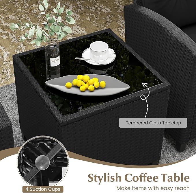 Tangkula 3 Piece Patio Furniture Set, Rattan Conversation Set w/Soft Seat & Back Cushions, Tempered Glass Topped Coffee Table, Cushioned Wicker Seating Set for Backyard, Porch, Poolside (Black)