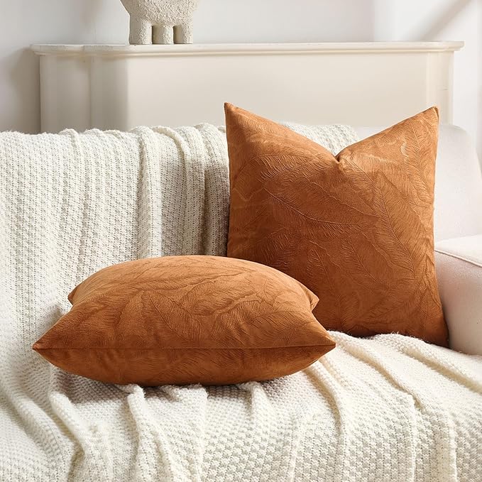 FUTEI Rust Velvet Throw Pillow Covers 18x18 Inch Set of 2,Soft Embossed Leaf-Relief Textured Cushion Cases,Natural Home Decor for Couch Living Room