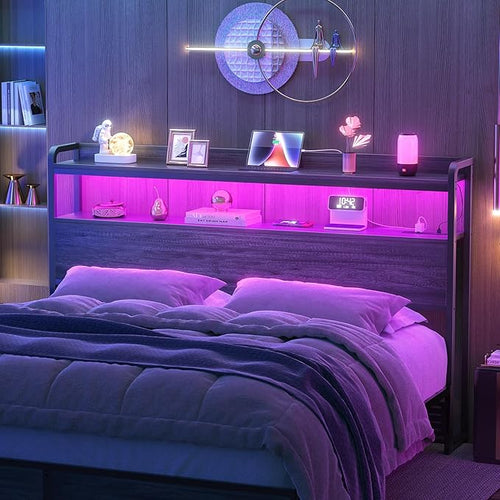 Aheaplus Headboard for Full Size Bed Frame, Headboards with Outlets, USB Ports and LED Light, Head Board with Storage, Height Adjustable, Sturdy and Stable Headboard, Full Size, Black Oak