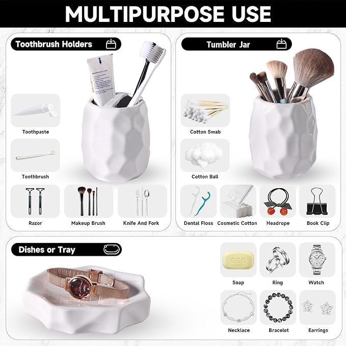 Ceramic Bathroom Accessories Set 4 PCS,Bathroom Toothbrush Holder Set,Soap and Toothbrush Holder Set,Include Toothbrush Holder,Soap Dispenser,Tumbler,Soap Dish,Bathroom Sets Decor Organizer (White)