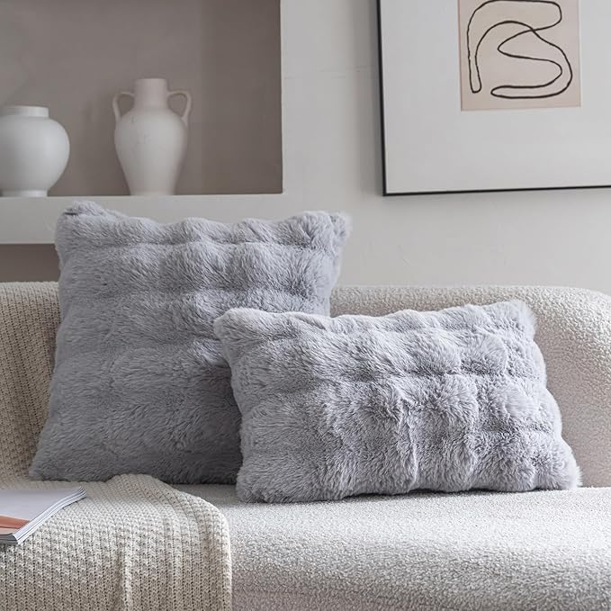 Neelvin Gray Faux Fur Cozy Soft Double-Sided Decorative Throw Pillow Covers 22x22 inch Set of 2,Velvet Pillowcase Cushion Case for Sofa Couch