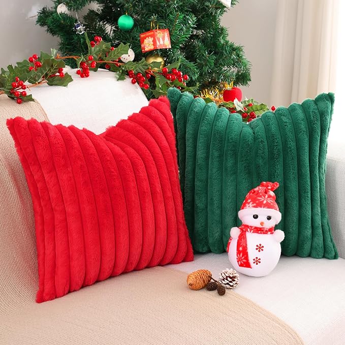 Pallene Faux Fur Plush Christmas Throw Pillow Covers 20x20 Set of 2, Luxury Soft Fluffy Striped Decorative Pillow Covers for Sofa, Couch, Living Room, Red