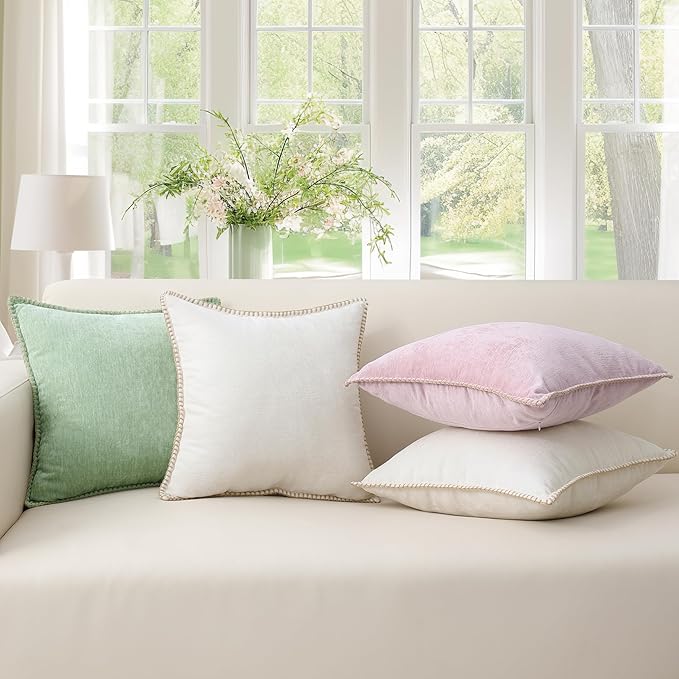 decorUhome Chenille Soft Throw Pillow Covers 24x24 Set of 2, Farmhouse Velvet Neutral Decorative Euro Pillow Covers with Stitched Edge for Couch Sofa Bed Home Decor, Blush Pink