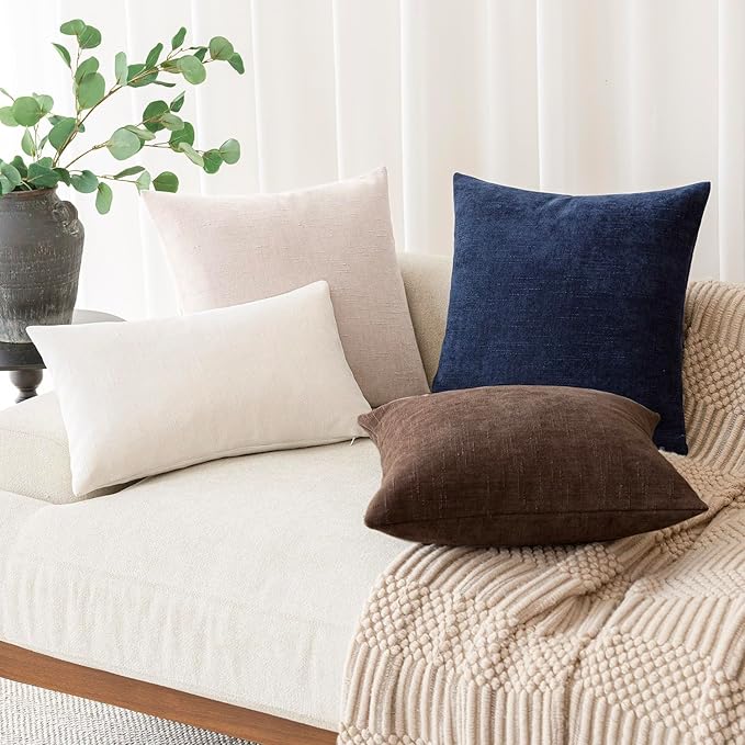 Foindtower Set of 2 Soft Textured Chenille Throw Decorative Pillow Covers Square Accent Solid Cushion Cover Cozy Neutral Farmhouse Pillow Case for Couch Sofa Bedroom Living Room 22x22 Inch, Chocolate