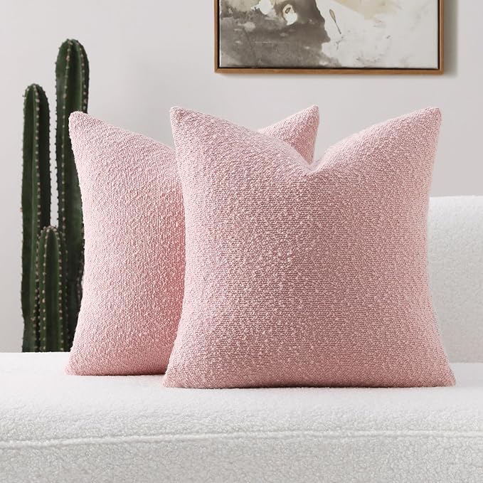 FUTEI Pack of 2 Pink Decorative Throw Pillow Covers 16x16 Inch Soft Cozy Solid Boucle Textured Cushion Case,Modern Home Decor for Couch Bed Living Room