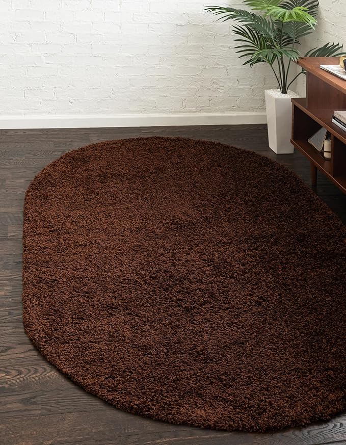Unique Loom Solid Shag Collection Area Rug (8' x 10' Oval, Chocolate Brown)