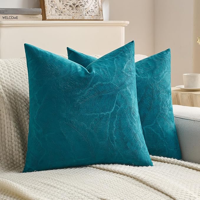 FUTEI Teal Velvet Throw Pillow Covers 18x18 Inch Set of 2,Soft Embossed Leaf-Relief Textured Cushion Cases,Natural Home Decor for Couch Living Room