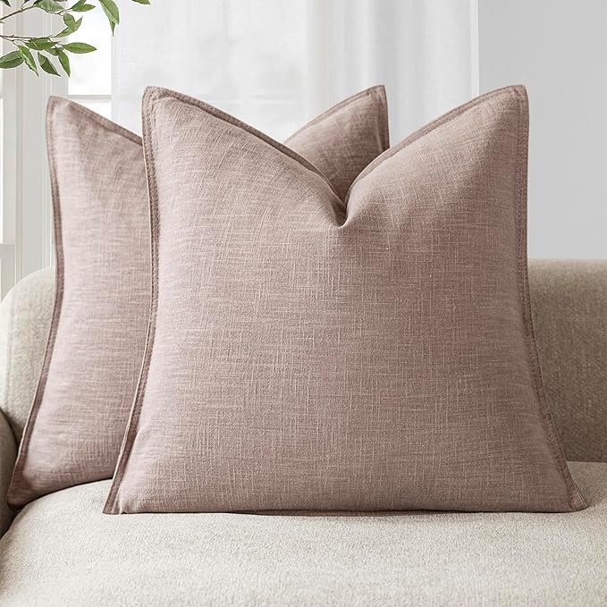 Foindtower Set of 2, Decorative Linen Soild Throw Pillow Covers Soft Accent Euro Cushion Case Boho Farmhouse Pillowcase for Chair Couch Sofa Bedroom Living Room Home Decor 16 x 16 Inch Dusty Pink
