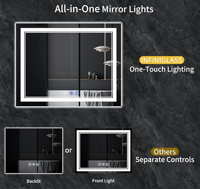 60"x36" LED Bathroom Mirror with Anti-Fog, Stepless Dimmable Lights, 3 Color Modes, Shatter-Proof Tempered Glass, Memory Function & Waterproof Design