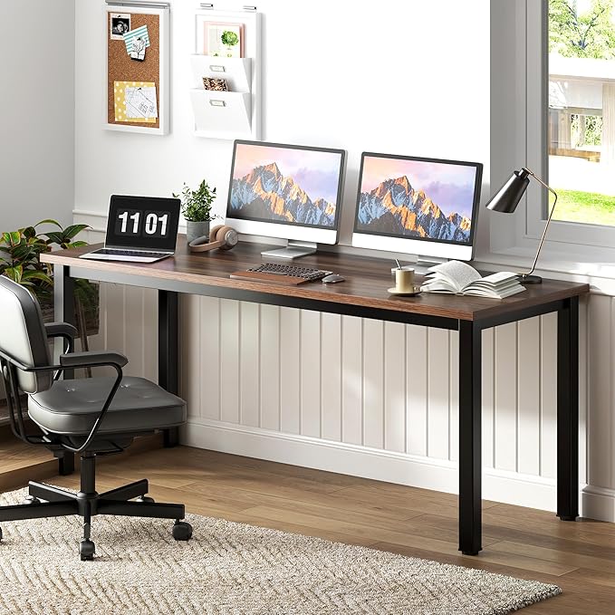Need 63 Inch Large Computer Desk - Modern Simple Style Home Office Gaming Desk, Basic Writing Table for Study Student, Black Metal Frame, Walnut
